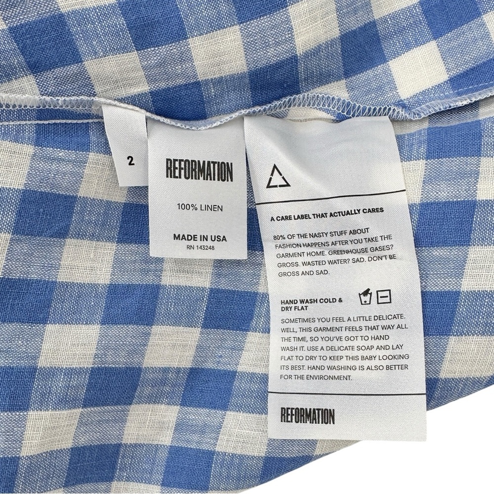 [sold] Reformation Belize Blue White Gingham Plaid Front Knot Linen Mini Dress - Picture 9 of 10
